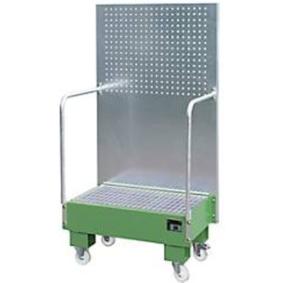 Verrijdbare lekbak LPW 60-2, met geperforeerde plaatwand, van staal, capaciteit 2 x 60 liter vat, groen