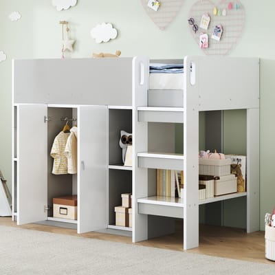REDOM Bedframe 90x200 cm – Hoogslaper met kast & planken – Massief hout – Grijs/Wit – Ruimtebesparend