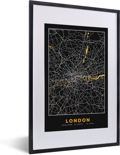Fotolijst incl. Poster - Londen - Stadskaart - Plattegrond - Goud - Kaart - 40x60 cm - Posterlijst