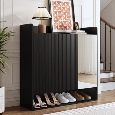 Wishdor - Schoenenkast - Verticale Structuur En Spiegel - Voor Hal - MDF En Spaanplaat - Zwart - 110 x 35,5 x 110 Cm