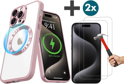 Hoesje met 2 Stuks Screenprotectors Geschikt voor iphone 15 Pro Hoesje - Geschikt voor MagSafe - Arara siliconen Backcover - Rosegoud