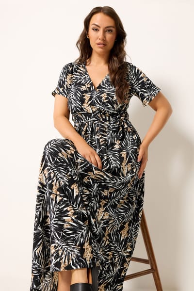 Yours Zwarte Maxi Wikkeljurk Met Bladprint Size 46