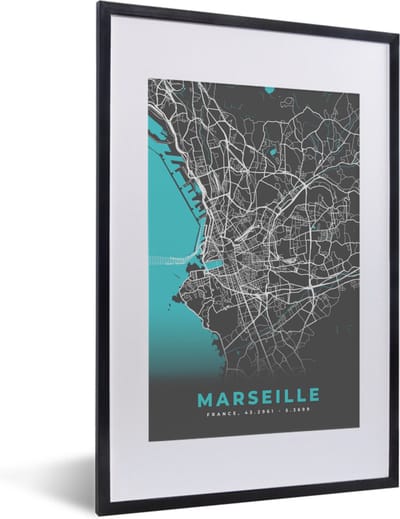 Fotolijst incl. Poster - Marseille - Frankrijk - Plattegrond - Stadskaart - Kaart - 40x60 cm - Posterlijst