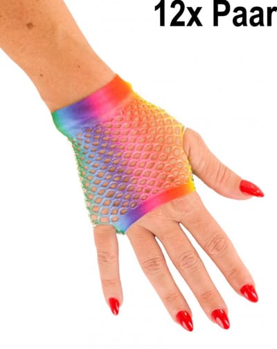 12x Paar Regenboog nethandschoen kort vingerloos - net handschoen carnaval gay pride festival optocht vingerloze thema feest