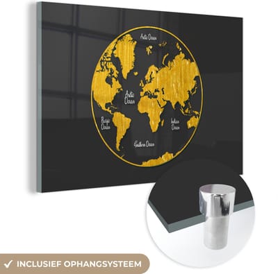 ® Glasschilderij 150x100 cm - Schilderij acrylglas - Wereldkaart - Cirkel - Goud - Foto op glas - Muurdecoratie woonkamer - Wanddecoratie slaapkamer - Schilderijen
