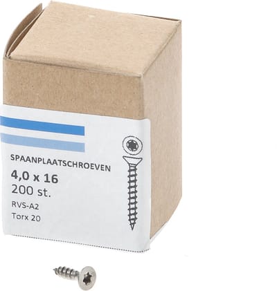Hoenderdaal Spaanplaatschroef RVS platverzonken kop TX20 voldraad 4.0X16 (per 200 stuks)