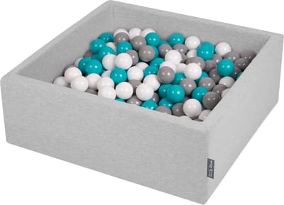 KiddyMoon Ballenbak vierkant voor kinderen 90x30cm - 300 kleurrijke ballen ∅7cm - Speelgoed baby schuim - Ballenbad baby foam - Kunststof ballen - Ballenbak ballen - Voor sensorische - Lichtgrijs: Grijs Wit Turkoois