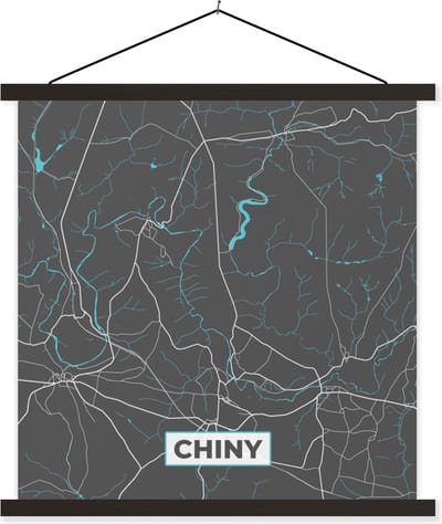 Posterhanger incl. Poster 60x60 cm - Schoolplaat - Plattegrond – Chiny – Blauw – Stadskaart - Kaart - Textielposter - Zwarte latten - Stadskaart
