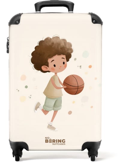 NoBoringSuitcases.com® - Kinderkoffer jongen - Kindertrolley jongens - Jongen met een basketbal in beige kleuren - Handbagage koffer lichtgewicht - Reiskoffer trolley kinderen - Rolkoffer met wieltjes - Past binnen 55x40x20 en 55x35x25