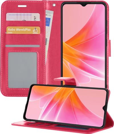 Hoesje - Met Pasjeshouder - Geschikt voor OPPO A17 - Luxe Bookcase Portemonee - Flip Case - Kunstleer Book Case - Flipcase - Book Cover - Walletcase - Portemonneehoes - Telefoonhoesjes - Donkerroze