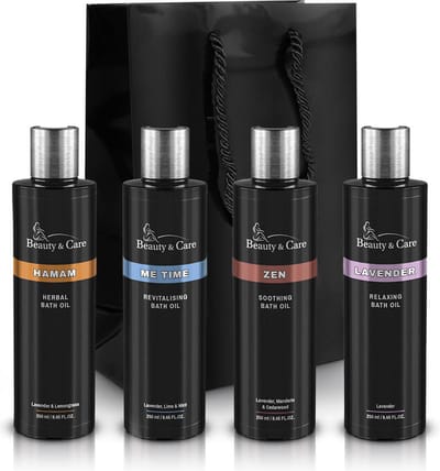 Beauty&Care® Cadeaupakket Badolie Relax XL 4 x 250 ml - cadeautas - laat na gebruik geen resten achter - Vegan - op basis van natuurlijke etherische oliën - geschikt voor kleurentherapie - geschikt voor whirlpools - geen vette badranden