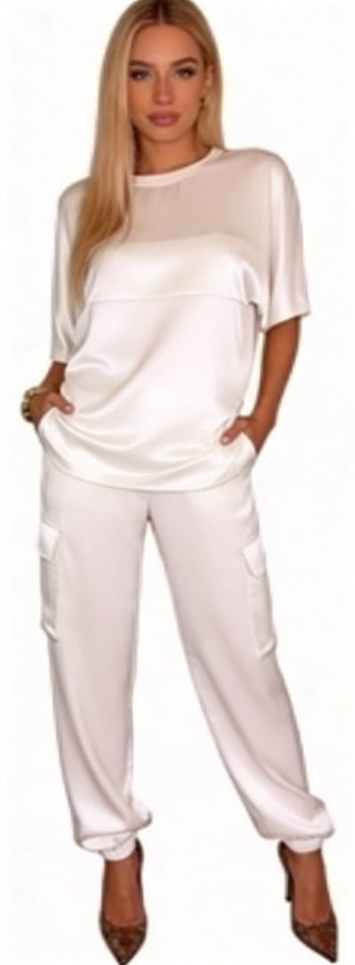 Dames Pak Wit - Relax Fit - Satijn Look - Kledingset - Trui en Broek