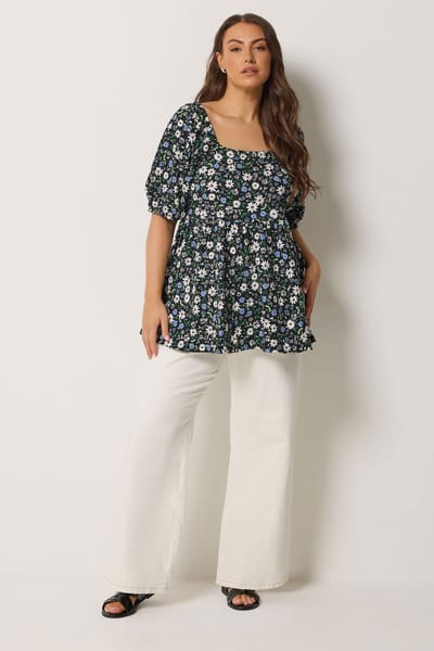 Yours Zwarte Peplumtop Met Bloemenprint Size 42