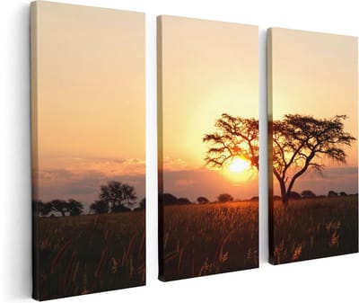 Artaza Canvas Schilderij Drieluik Zonsondergang Achter Een Acacia Boom - 120x80 - Foto Op Canvas - Canvas Print