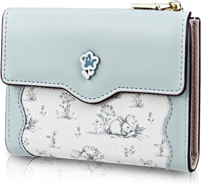 Kleine Damesportemonnee, Drievoudige PU Leren Mini Wallet met ID Vak en Ritsvak, Konijnenpatroon en Bloemdecoratie, Blauw, Modern Design
