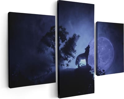 Artaza Canvas Schilderij Drieluik Huilende Wolf In Silhouet Bij Volle Maan - 90x60 cm - Wanddecoratie Woonkamer - Schilderijen - Muurdecoratie