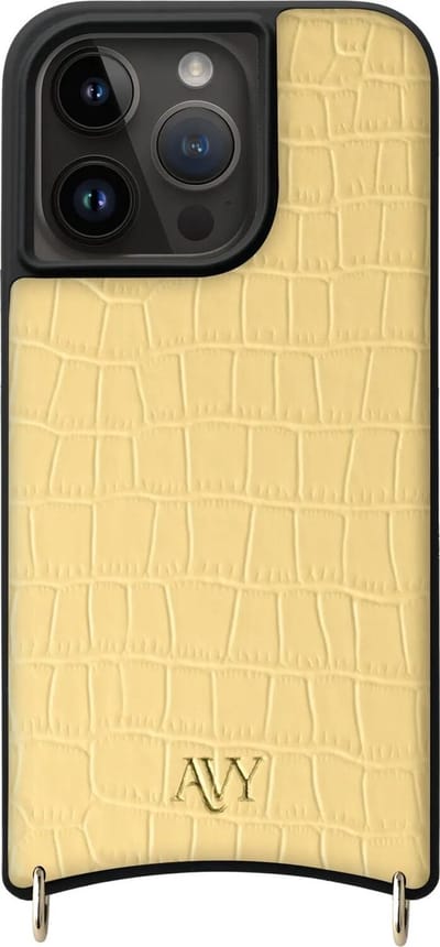 AVY Leren Hoesje geschikt voor Apple iPhone 15 Pro | Compatibel met MagSafe | Leather Case | Back Cover | Haakjes voor koord | Croco Geel