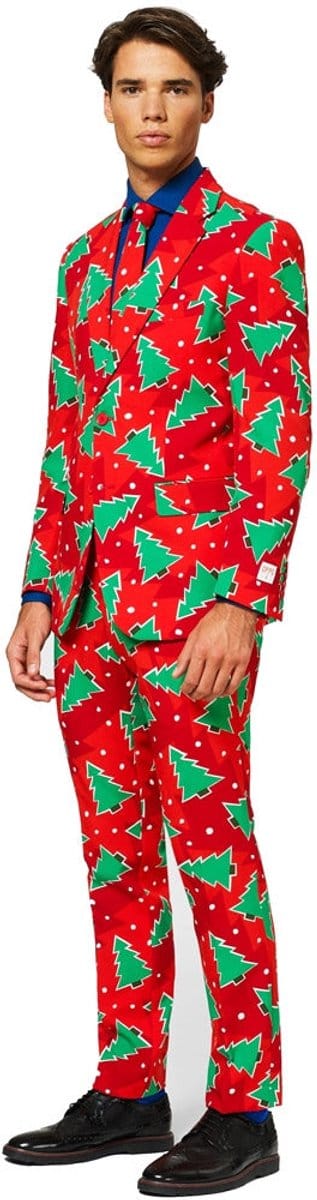 OppoSuits Fine Pine - Mannen Kerst Kostuum - Kerstpak - Kerstboom print - Gekleurd/Rood - Kerst - Maat 62
