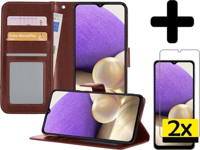 Hoesje - Met 2x Screenprotector - Geschikt voor Samsung Galaxy A32 5G - Luxe Pasjeshouder - Bookcase Portemonee - Flip Case - Kunstleer Book Case - Flipcase Hoes - Book Cover - Walletcase - Portemonneehoes - Telefoonhoesjes - Bruin