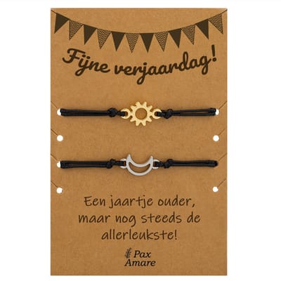 Vriendschapsarmbandjes voor 2 "Fijne Verjaardag" - Zon & Maan - BFF Armbandjes met Persoonlijk Cadeau Kaartje - Zilverkleurig & Goudkleurig - Elastisch Verstelbaar - Pax Amare