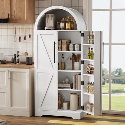 MODENUIT Vitrinekast - Gebogen Open Bovenvak En Deurvakken - Voor Keuken En Woonkamer - MDF - 70x40x165 Cm - Wit