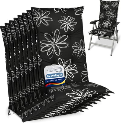 Set van 8 Tuinkussens Hoge Rugleuning Zwart met Bloemmotief UV-bestendig 120x50cm