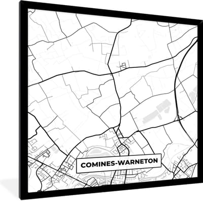 Fotolijst incl. Poster Zwart Wit- Zwart Wit – België – Plattegrond – Stadskaart – Kaart – Comines Warneton - 40x40 cm - Posterlijst