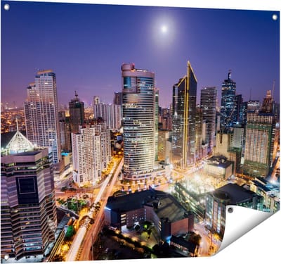 Gards Tuinposter Makati Stad Skyline in de Nacht in Thailand - 100x80 cm - Tuindoek - Tuindecoratie - Wanddecoratie buiten - Tuinschilderij