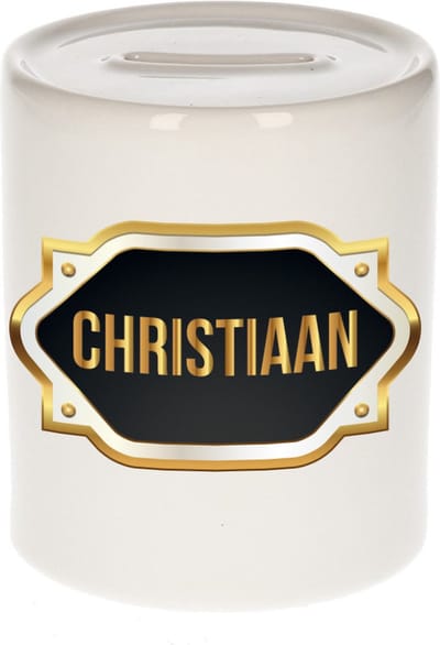 Spaarpot met voornaam Christiaan - wit - met goud/zwart embleem - 8 x 9 cm - keramiek - met afsluitdop - cadeau verjaardag