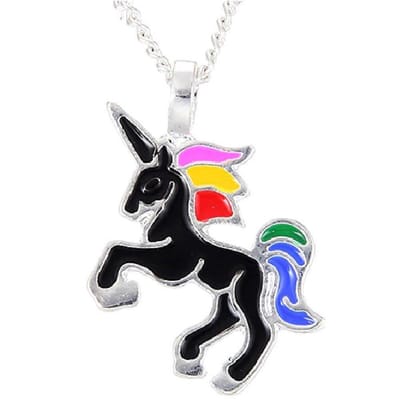 Ketting Unicorn / Eénhoorn Hanger Zwart - Cadeau voor Meisje - 40 + 7 cm Verstelbaar - Zilverkleurig – Incl. Cadeauverpakking