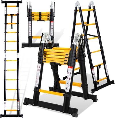 Telescopische ladder, aluminium trapladder, 1,9 m + 1,9 m, 6 + 6 treden, staande ladder, vouwladder, 150 kg belastbaarheid, telescopische uittrekbare ladder, huishoudladder, aluminium ladder,