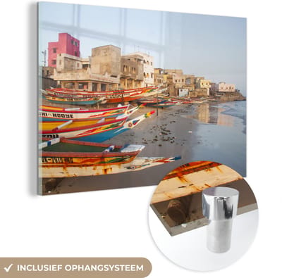 ® Glasschilderij 180x120 cm - Schilderij acrylglas - Dakar - Boten - Foto op glas - Muurdecoratie woonkamer - Wanddecoratie slaapkamer - Schilderijen