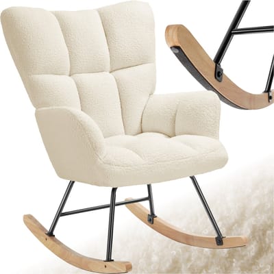tectake® Schommelstoel Torve - Gestoffeerde Fauteuil in Scandi-Stijl - Relaxstoel met Houten Glijders, Zachte Bekleding en Hoge Rugleuning voor Optimaal Comfort - 70 x 96 x 97 cm - Stoel voor Woonkamer - Beige