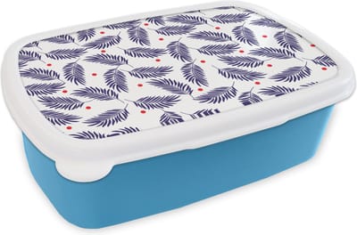Broodtrommel Blauw - Lunchbox - Brooddoos - Tropisch - Bladeren - Patronen - Stippen - 18x12x6 cm - Kinderen - Jongen