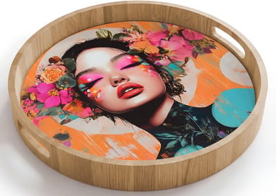 Dienblad rond 40x40 cm - Schootdienblad hout - Portret - Vrouw - Abstract - Bloemen - Borrelplank rechthoek - Plateau houten dienbladen