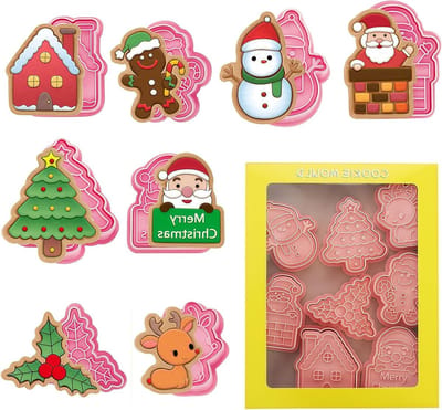 Set van 8 Kerstvormpjes voor Koekjes - 3D Koekjesuitsteekvormen en Stempels voor Thuisbakken van Chocolade en Koekjes