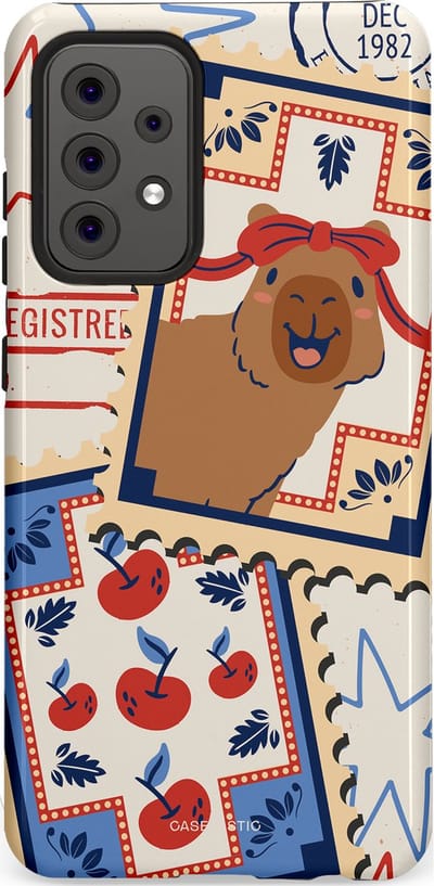 Casetastic hoesje geschikt voor Samsung Galaxy A52 (2021) 5G / Samsung Galaxy A52 (2021) 4G - Dubbellaagse bescherming - Kerst Capibara Post van de Noordpool - Fashion Case - Lichtgrijs Zand Terracotta