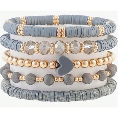 5 stuks/Set Elegante Grijze Zachte Keramische Hartvormige Kralen Meerdere Lagen Armbanden Set, Elastische Armband met Kunstkristal, Geschikt voor Dagelijks Gebruik door Dames, Date grijs