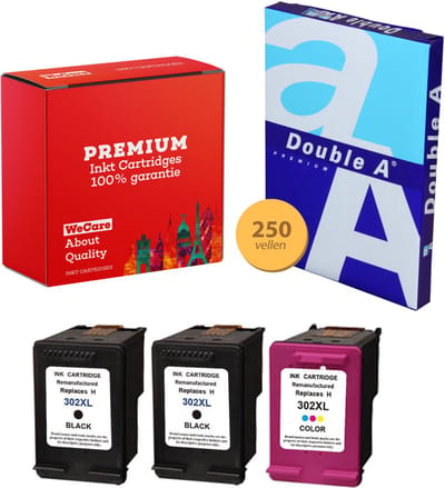 3-pack Geschikt voor HP 302XL Inktcartridges + pak DoubleA papier - Geschikt voor HP Deskjet 1110 - 3630 - HP Envy 4520 - 4524 - Officejet 3830 - 4650 - 5220