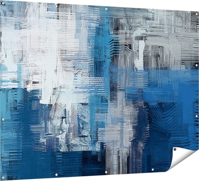 Gards Tuinposter Abstracte Kunst - Blauw Witte Penseelstreken - 160x120 cm - Tuindoek - Tuindecoratie - Wanddecoratie buiten - Tuinschilderij