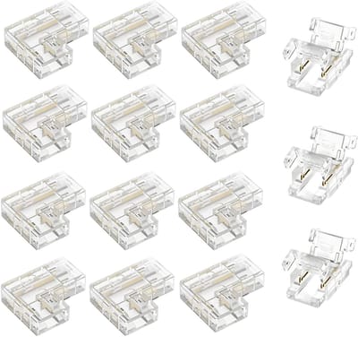 LED-stripconnectoren set van 15 stuks, 2-polig 8 mm, transparante L-vorm hoekconnectoren en middenverbinder, soldeervrij voor 12V/24V Cob SMD LED-strips