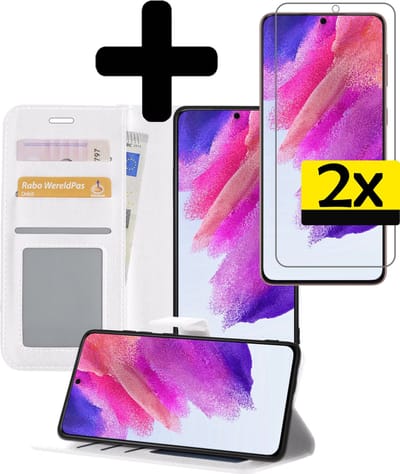 Hoesje - Met 2x Screenprotector - Geschikt voor Samsung Galaxy S21 FE - Luxe Pasjeshouder - Bookcase Portemonee - Flip Case - Kunstleer Book Case - Flipcase Hoes - Book Cover - Walletcase - Portemonneehoes - Telefoonhoesjes - Wit