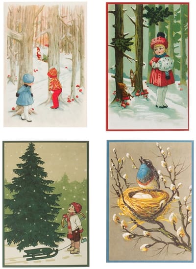 Nostalgische kerstkaarten - 4 stuks - Franz_Josef - Klassieke Vintage afbeeldingen - Winter - Sneeuw - Feestelijk - Jaarwisseling - Oude Brocante kerstkaarten 15X10,5 en 14X9