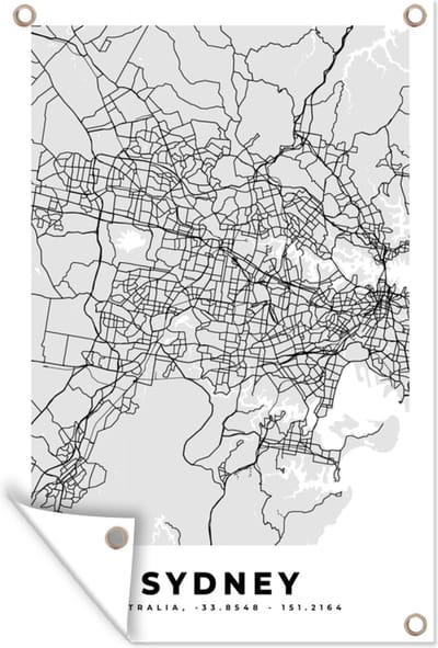 Muurdecoratie Sydney - Stadskaart - Plattegrond - Zwart Wit - Kaart - 120x180 cm - Tuinposter - Tuindoek