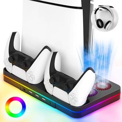 PS5 Slim Oplaadstation met Dual Koeling - Koeling Station Geschikt voor PlayStation 5 Slim Digital + Disc Edition - RGB Verlichting - PS5 DualSense oplaadstation - 3 USB -Headset Houder - Playstation 5 Slim Accessoires
