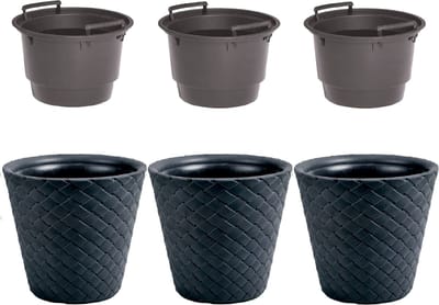 3x Kunststof Matuba rotan bloempotten/plantenpotten antraciet 40 cm inclusief binnenpot/binnenbak