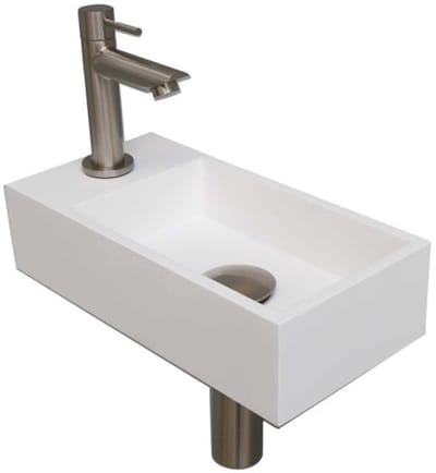 INK - Fonteinpack Polystone Links incl. Fonteinkraan - Design Sifon - Design Plug en Montageset - 360x180x90 Mm - Mat Wit/brushed Nickel