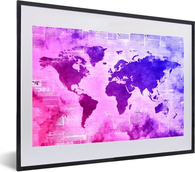 Poster in lijst - Fotolijst 60x40 cm - Posters - Wereldkaart - Roze - Blauw - Posterlijst zwart - Decoratie - Wanddecoratie woonkamer - Muurdecoratie slaapkamer