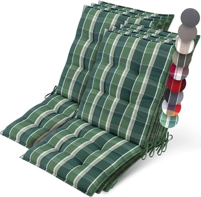 Beautissu Sun-NL – Set van 7 Premium Lage Rugleuning Kussen 100x50 cm - UV-bestendig & 8cm Dik Kussen Tuinstoelkussen Antislip Bevestigingsbanden – Stevige Stof Groen Ruit Gestreept