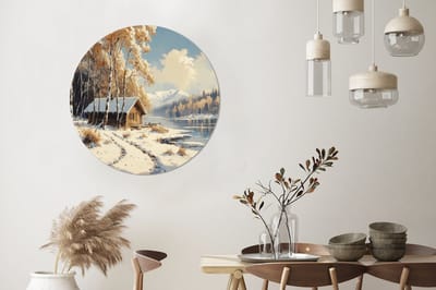 WallCircle - Wandcirkel - Muurcirkel - Winter - Sneeuw - Huis - Natuur - Aluminium - Dibond - 90x90 cm - Binnen en Buiten